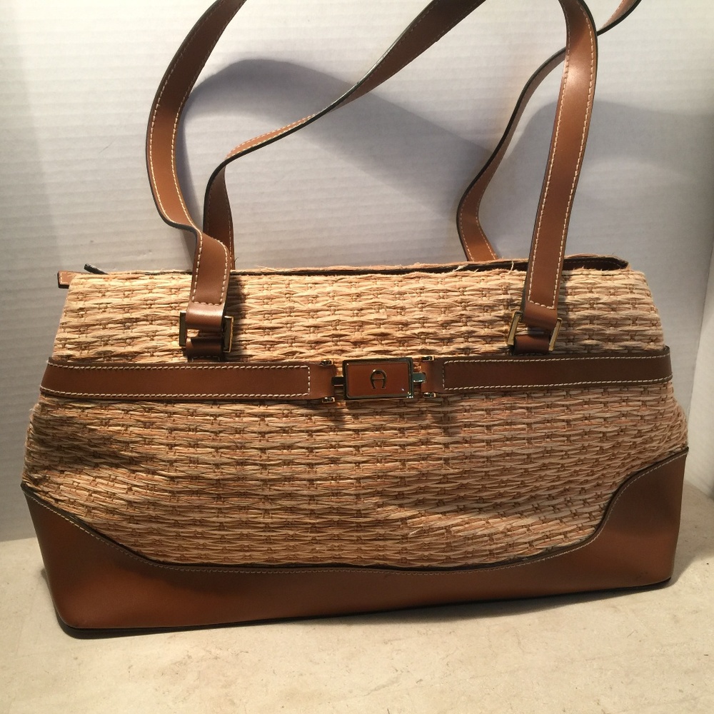 Etienne Aigner Woven Tan and Brown Satchel